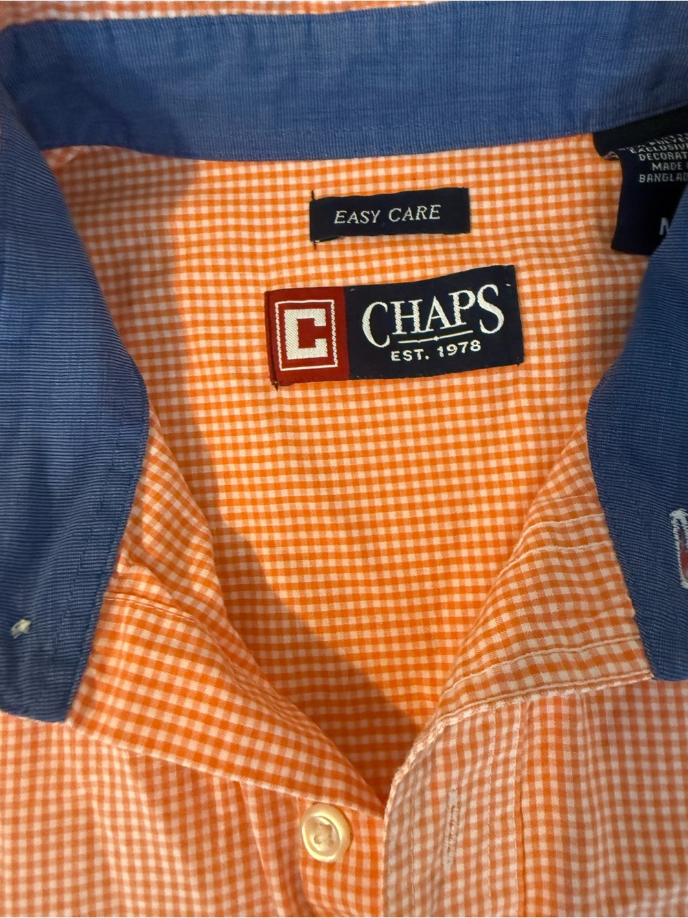 Chaps Orange Gingham Button-Down with Blue Contrast Collar